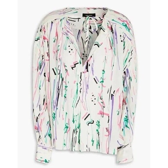 ISABEL MARANT Silk Amba Blouse Lightweight Top Sz 40 / 8 Ecru Printed Split Neck - Picture 1 of 11